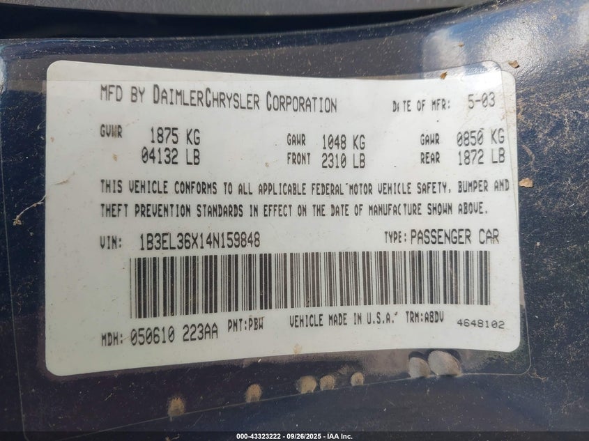 2004 Dodge Stratus Se VIN: 1B3EL36X14N159848 Lot: 43323222