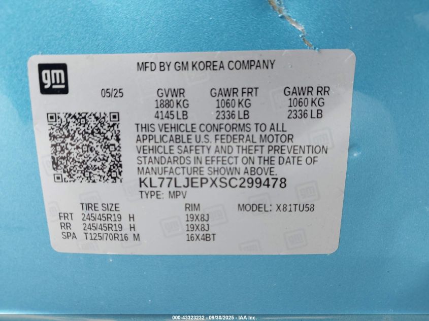 2025 Chevrolet Trax Fwd 2Rs VIN: KL77LJEPXSC299478 Lot: 43323232