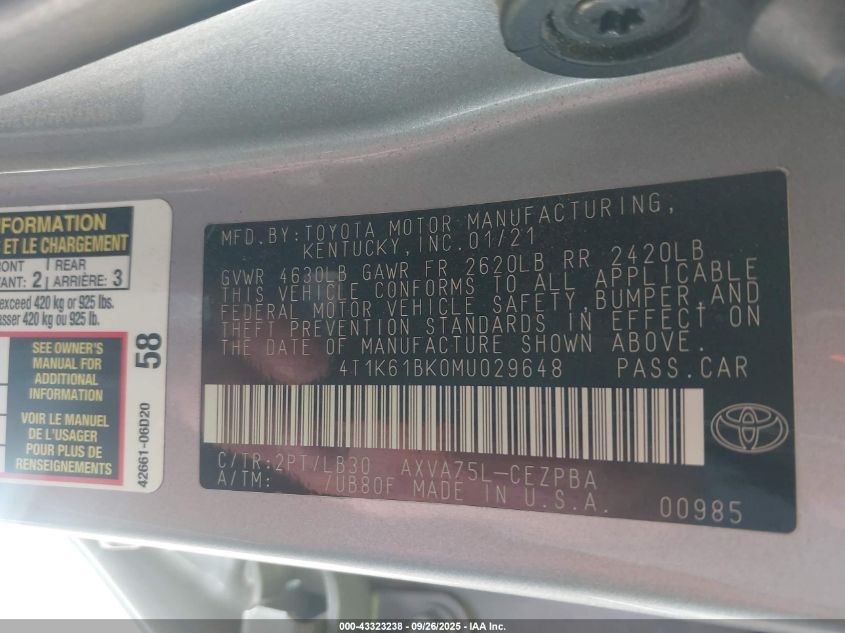 2021 Toyota Camry Xse Awd VIN: 4T1K61BK0MU029648 Lot: 43323238