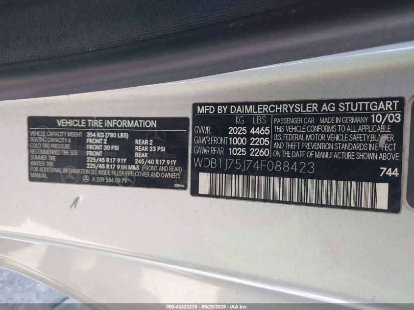 2004 Mercedes-Benz Clk 500 VIN: WDBTJ75J74F088423 Lot: 43323239