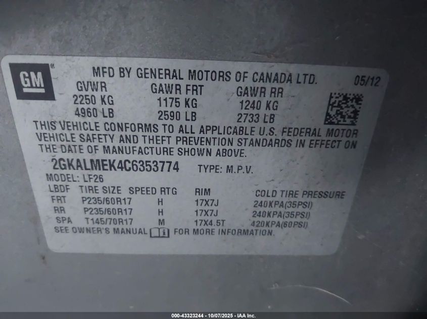 2012 GMC Terrain Sle-1 VIN: 2GKALMEK4C6353774 Lot: 43323244