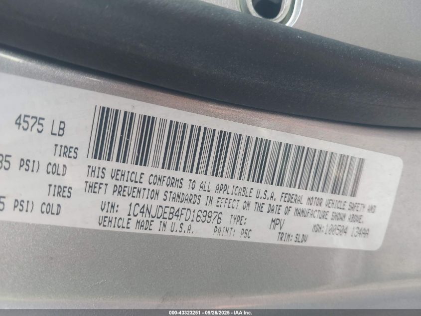 2015 Jeep Compass High Altitude Edition VIN: 1C4NJDEB4FD169976 Lot: 43323251