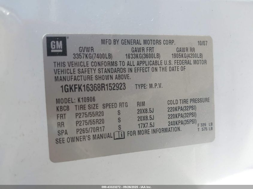 2008 GMC Yukon Xl 1500 Slt VIN: 1GKFK16368R152923 Lot: 43323272