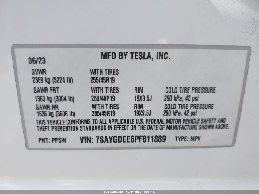2023 Tesla Model Y Awd/Long Range Dual Motor All-Wheel Drive VIN: 7SAYGDEE6PF811889 Lot: 43323284
