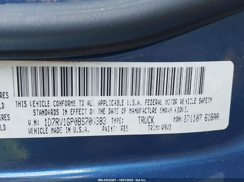 2011 Ram Ram 1500 St VIN: 1D7RV1GP0BS706383 Lot: 43323287