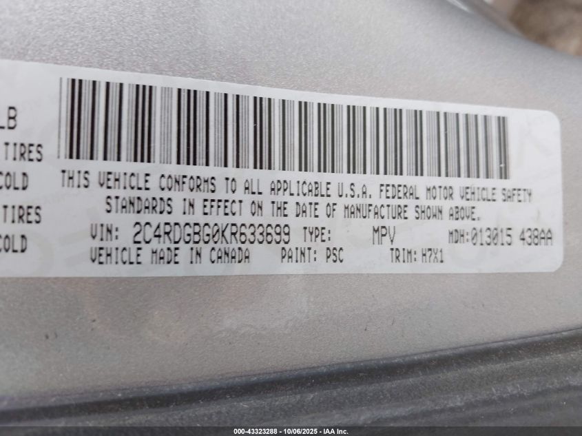 2019 Dodge Grand Caravan Se VIN: 2C4RDGBG0KR633699 Lot: 43323288