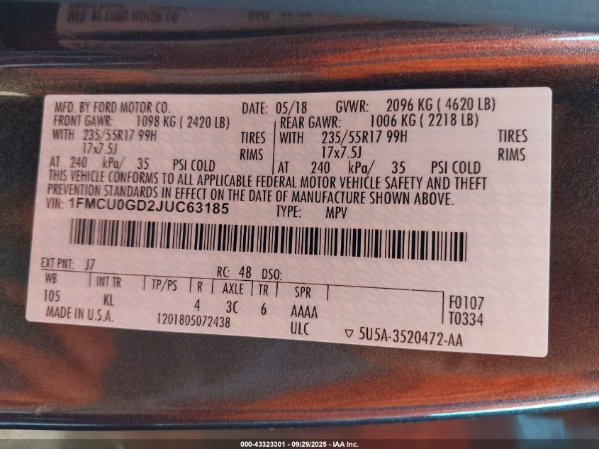 2018 Ford Escape Se VIN: 1FMCU0GD2JUC63185 Lot: 43323301