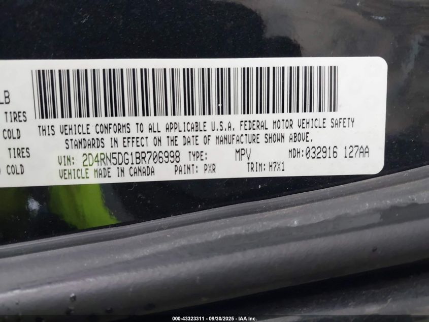 2011 Dodge Grand Caravan Crew VIN: 2D4RN5DG1BR706998 Lot: 43323311