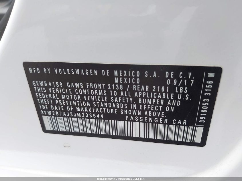 2018 Volkswagen Jetta 1.4T S VIN: 3VW2B7AJ3JM233644 Lot: 43323313