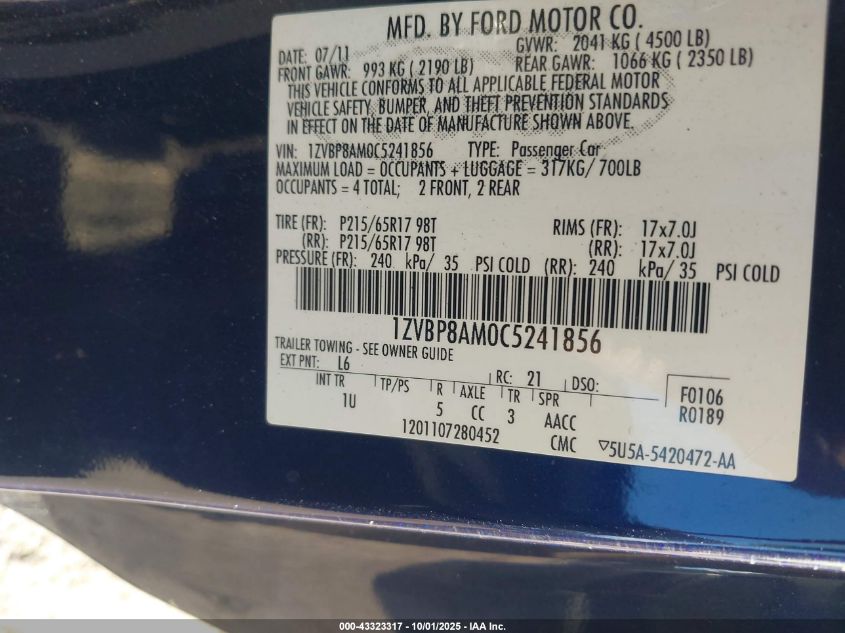 2012 Ford Mustang V6 VIN: 1ZVBP8AM0C5241856 Lot: 43323317