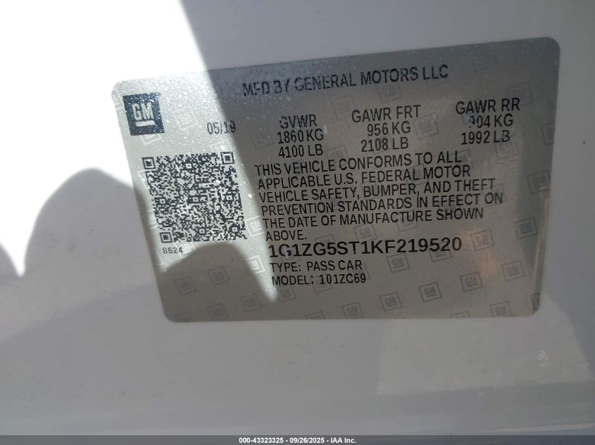 2019 Chevrolet Malibu Rs VIN: 1G1ZG5ST1KF219520 Lot: 43323325