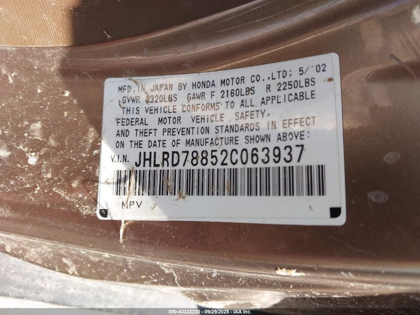 2002 Honda Cr-V Ex VIN: JHLRD78852C063937 Lot: 43323330