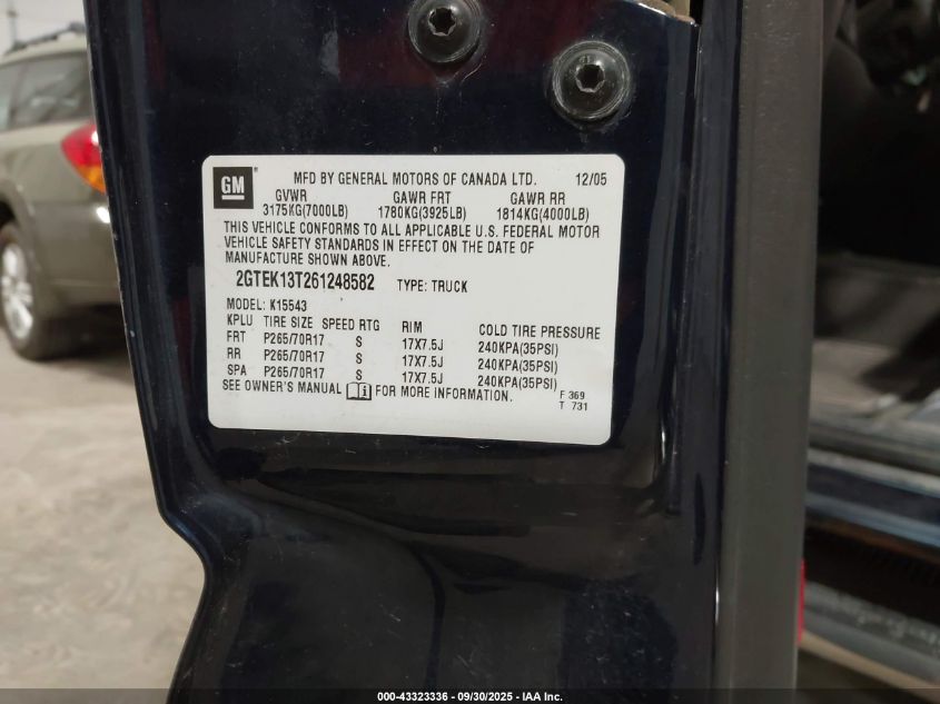 2006 GMC Sierra 1500 Sle1 VIN: 2GTEK13T261248582 Lot: 43323336