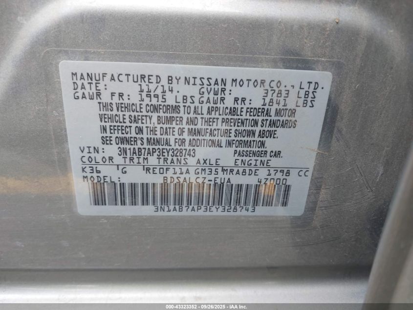 2014 Nissan Sentra Fe+ S VIN: 3N1AB7AP3EY328743 Lot: 43323352