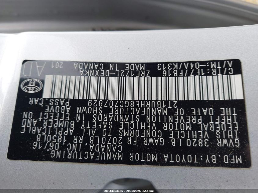 2016 Toyota Corolla Le VIN: 2T1BURHE8GC707929 Lot: 43323355