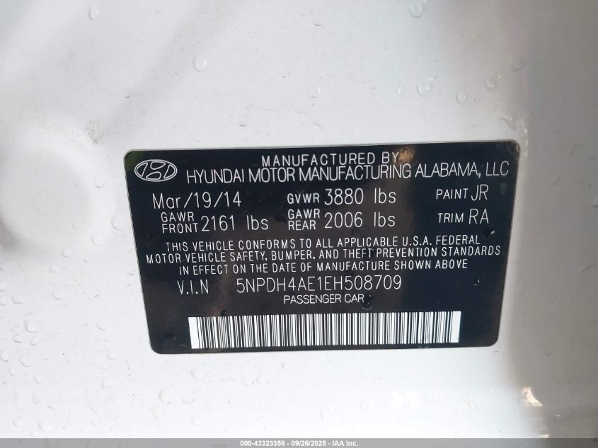2014 Hyundai Elantra Se VIN: 5NPDH4AE1EH508709 Lot: 43323356