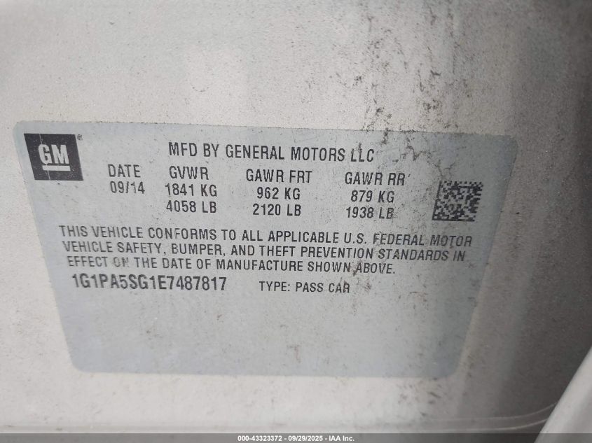 2014 Chevrolet Cruze Ls Auto VIN: 1G1PA5SG1E7487817 Lot: 43323372