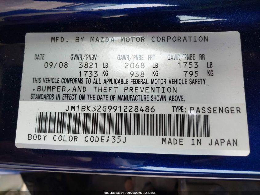 2009 Mazda Mazda3 I VIN: JM1BK32G991228486 Lot: 43323391