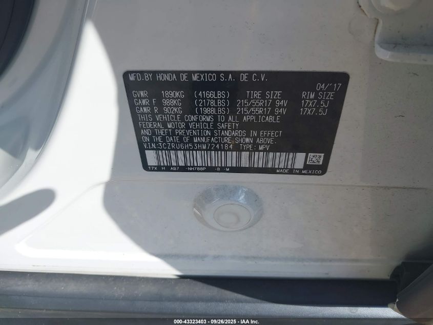 2017 Honda Hr-V Ex VIN: 3CZRU6H53HM724184 Lot: 43323403