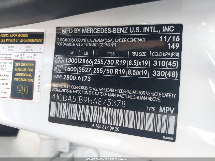 2017 Mercedes-Benz Gle 350 VIN: 4JGDA5JB9HA875378 Lot: 43323405