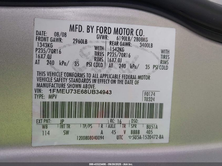 2008 Ford Explorer Xlt VIN: 1FMEU73E68UB34943 Lot: 43323406