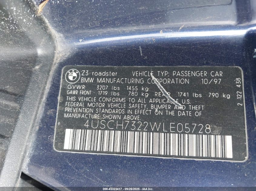 1998 BMW Z3 1.9 VIN: 4USCH7322WLE05728 Lot: 43323417