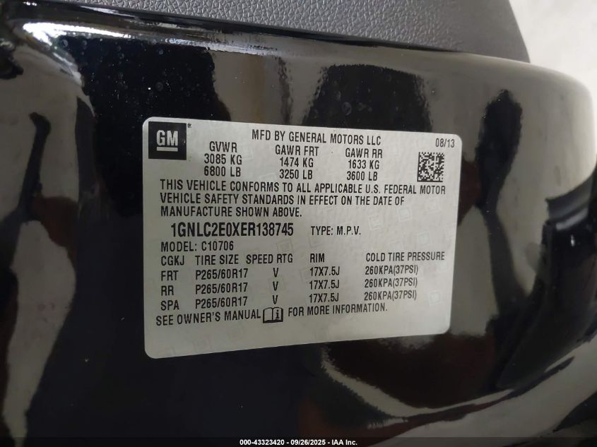 2014 Chevrolet Tahoe Commercial Fleet VIN: 1GNLC2E0XER138745 Lot: 43323420