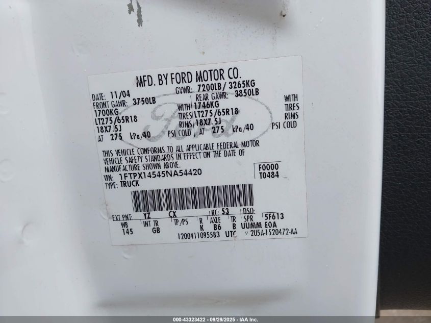 2005 Ford F-150 Fx4/Lariat/Xl/Xlt VIN: 1FTPX14545NA54420 Lot: 43323422