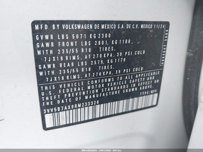 2024 Volkswagen Tiguan 2.0T Wolfsburg Edition VIN: 3VV5B7AX9RM233326 Lot: 43323423