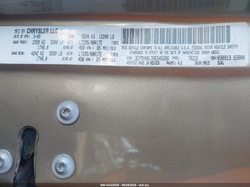 2009 Dodge Ram 3500 Slt VIN: 3D7MX48L39G545286 Lot: 43323430