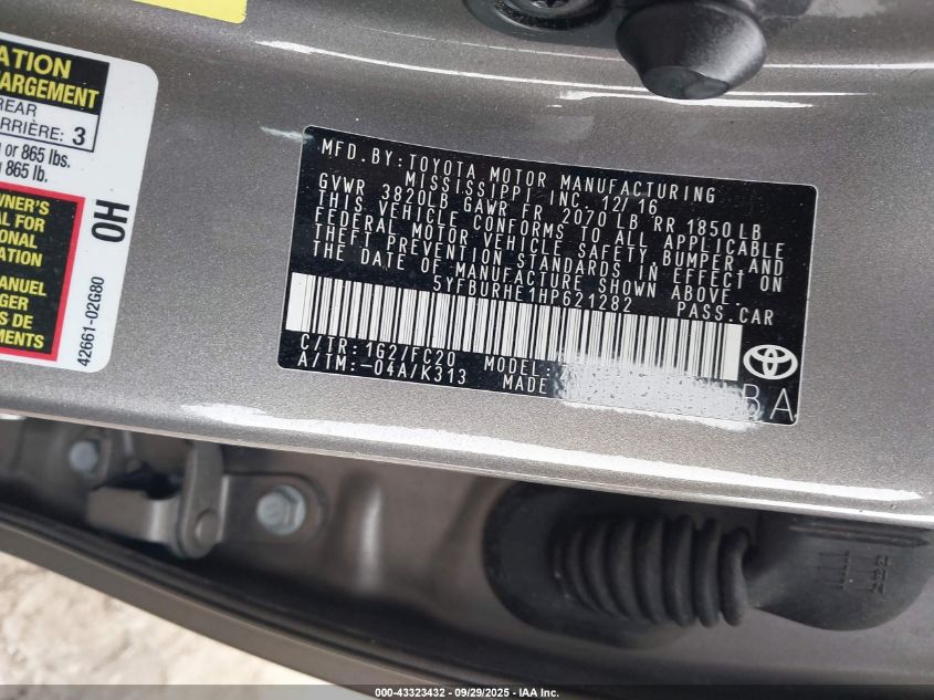 2017 Toyota Corolla Se VIN: 5YFBURHE1HP621282 Lot: 43323432