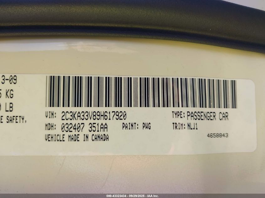 2009 Chrysler 300 Limited VIN: 2C3KA33V89H617920 Lot: 43323434