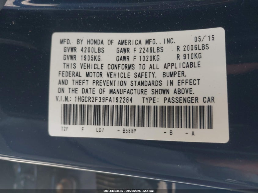 2015 HONDA ACCORD LX - 1HGCR2F39FA192264