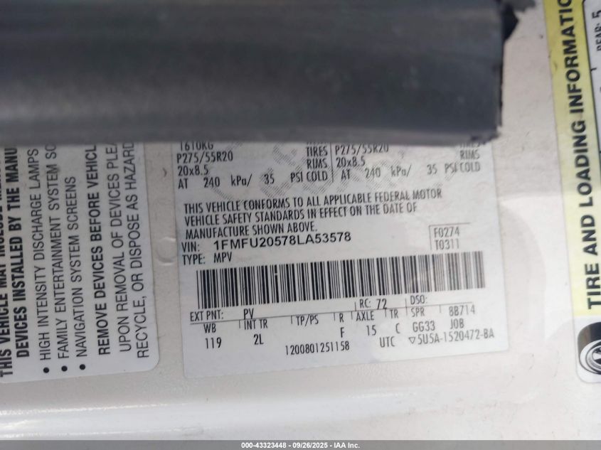 2008 Ford Expedition Limited VIN: 1FMFU20578LA53578 Lot: 43323448