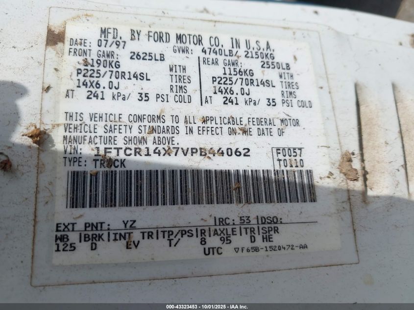 1997 Ford Ranger Splash/Xlt VIN: 1FTCR14X7VPB44062 Lot: 43323453