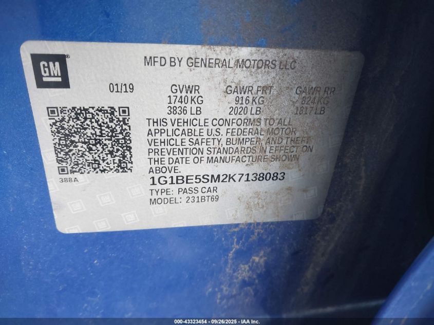 2019 Chevrolet Cruze Lt VIN: 1G1BE5SM2K7138083 Lot: 43323454