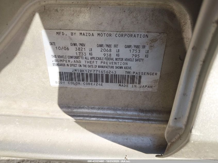 2007 Mazda Mazda3 I Sport VIN: JM1BK12F771656243 Lot: 43323460