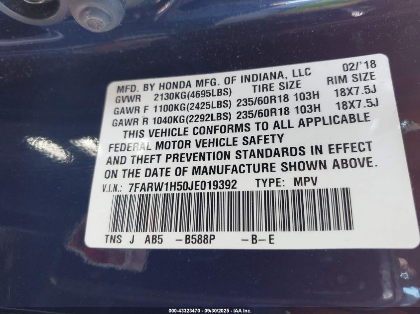 2018 Honda Cr-V Ex VIN: 7FARW1H50JE019392 Lot: 43323470