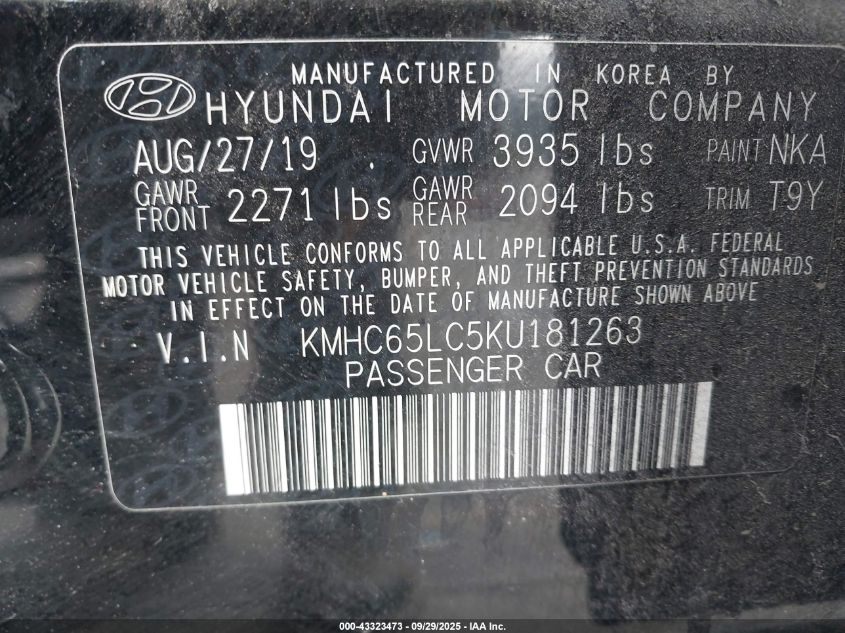 2019 Hyundai Ioniq Hybrid Blue VIN: KMHC65LC5KU181263 Lot: 43323473