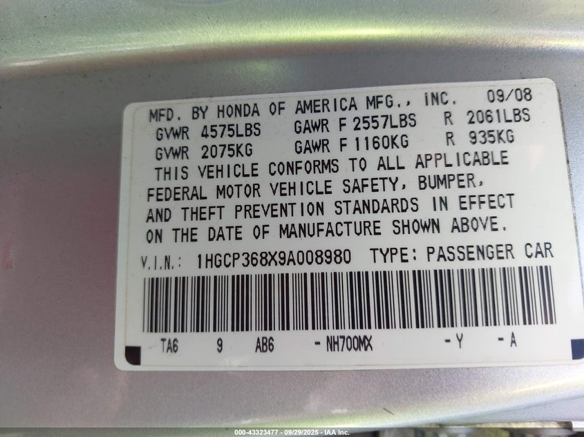 2009 Honda Accord 3.5 Ex-L VIN: 1HGCP368X9A008980 Lot: 43323477