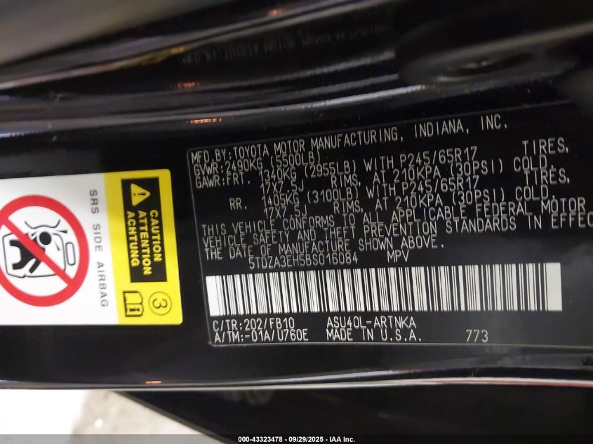 2011 Toyota Highlander VIN: 5TDZA3EH5BS016084 Lot: 43323478