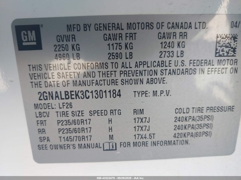 2012 Chevrolet Equinox Ls VIN: 2GNALBEK3C1301184 Lot: 43323479