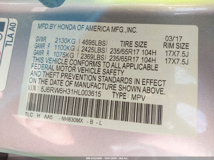 2017 Honda Cr-V Lx VIN: 5J6RW6H31HL003615 Lot: 43323480