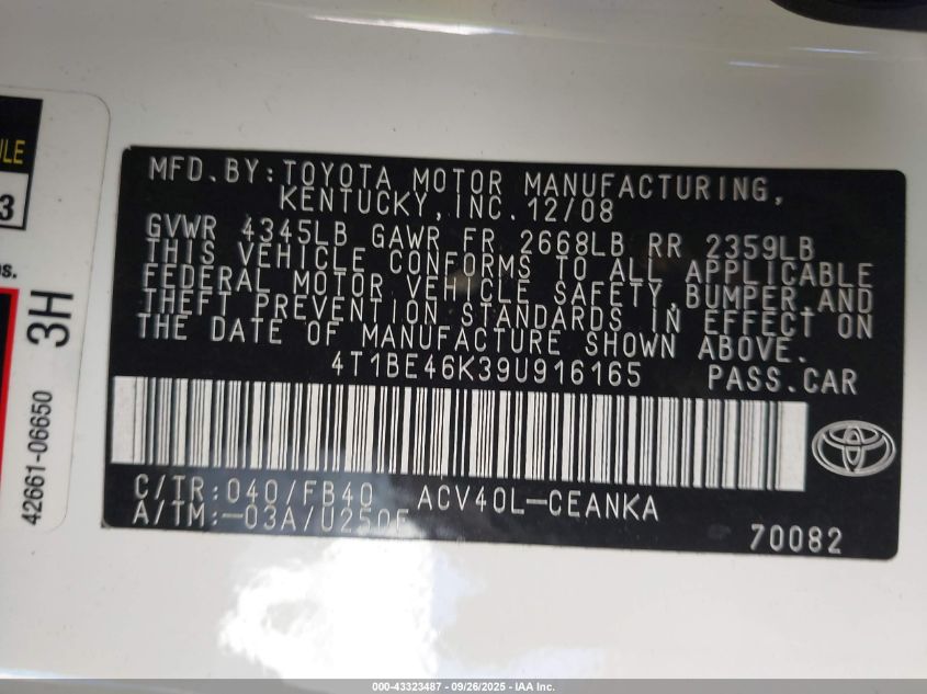 2009 Toyota Camry Le VIN: 4T1BE46K39U916165 Lot: 43323487