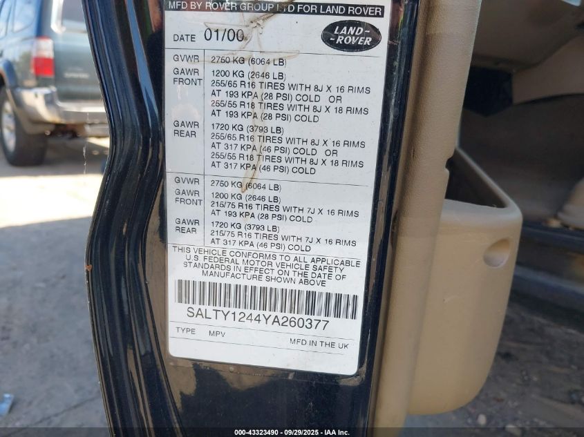 2000 Land Rover Discovery Series Ii Cloth/Series Ii Leather VIN: SALTY1244YA260377 Lot: 43323490