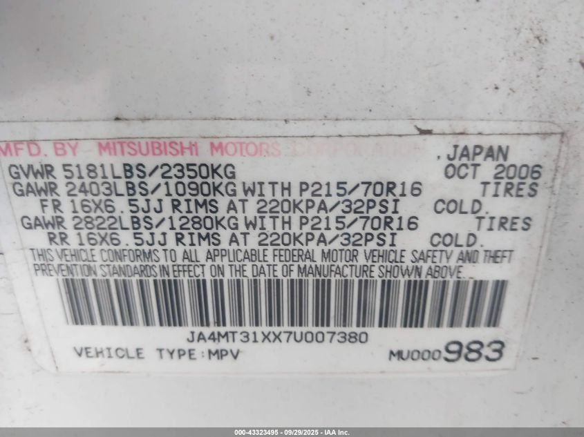2007 Mitsubishi Outlander Ls VIN: JA4MT31XX7U007380 Lot: 43323495