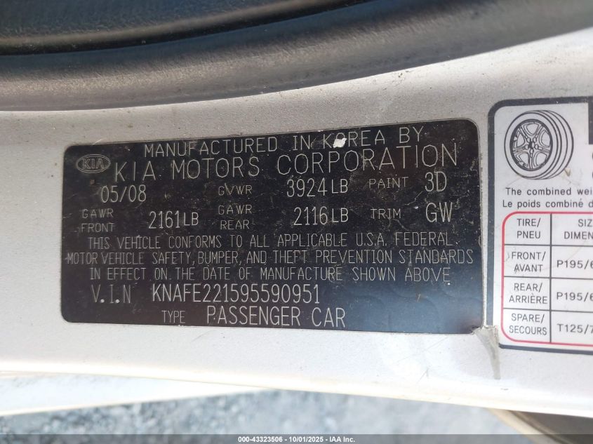 2009 Kia Spectra Ex VIN: KNAFE221595590951 Lot: 43323506