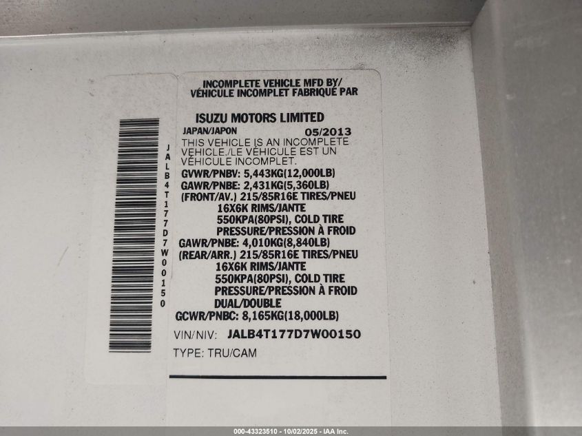 2013 Isuzu Commercial Van VIN: JALB4T177D7W00150 Lot: 43323510
