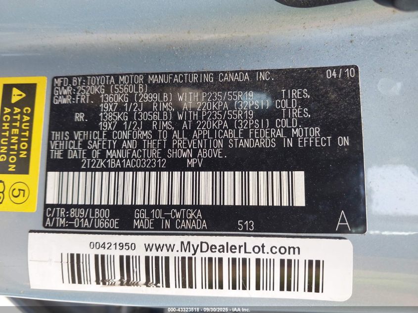 2010 Lexus Rx 350 VIN: 2T2ZK1BA1AC032312 Lot: 43323518