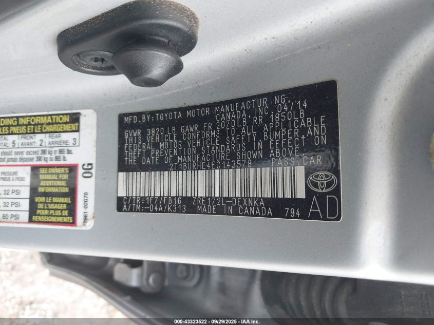 2014 Toyota Corolla Le VIN: 2T1BURHE4EC143578 Lot: 43323522